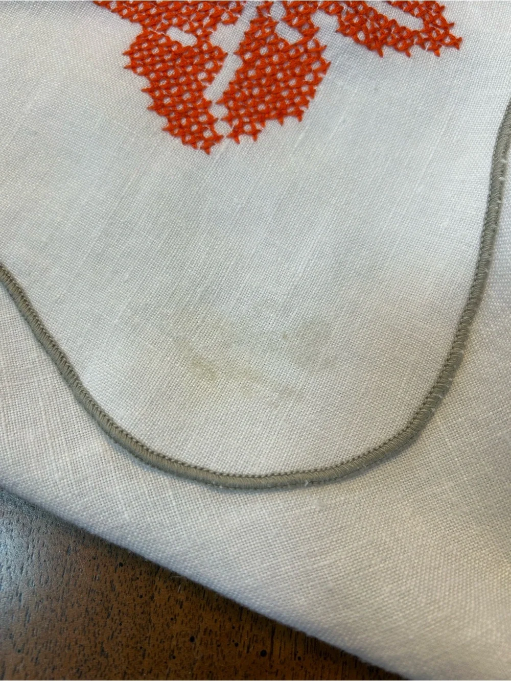 Vintage Linen Hand-Cross Stitched Tablecloth, Scalloped, Autumn Leaves,  82-67